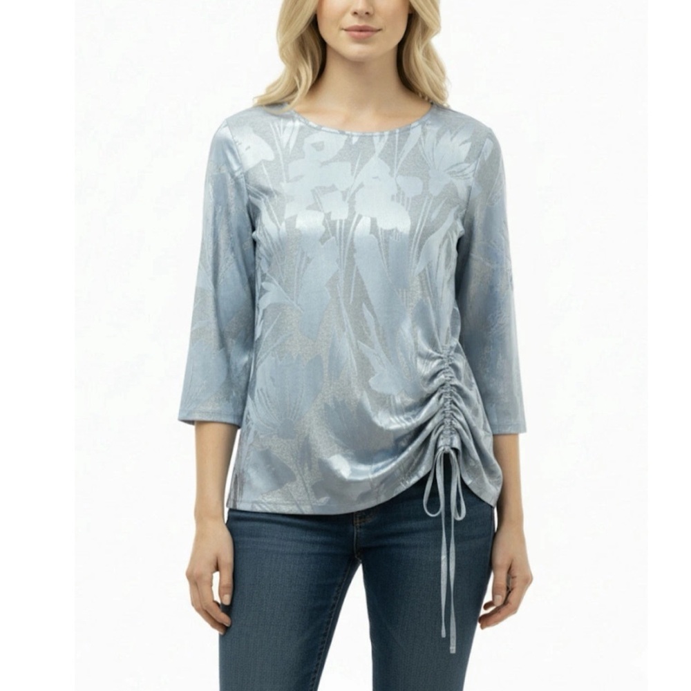 SUSAN GRAVER SILKY FLORAL TOP 1X BURN OUT SILVER TONES 3/4 SLEEVE FANCY PARTY